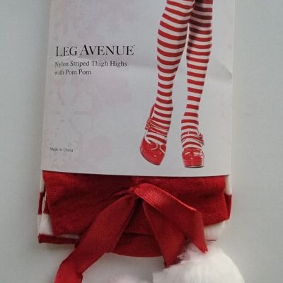 Leg Avenue- Nylon Striped Thigh High Christmas Stockings with Pom Poms -One Size