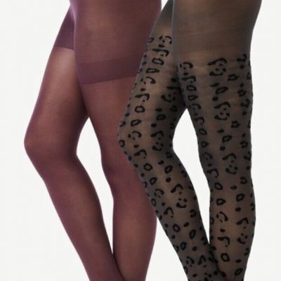 Joyspun Women's Leopard and Opaque burgundy Tights, 2-Pack, Size Small NWT