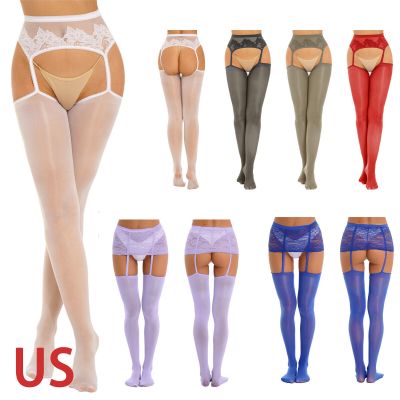 US Women's Sexy Oil Glossy Floral Lace Mesh Hold Up Pantyhose Stockings Tights