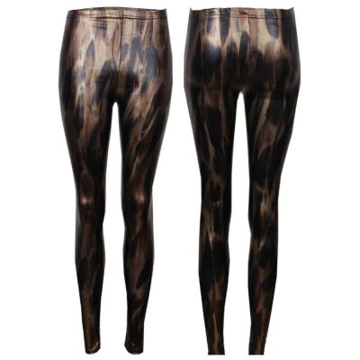 Women Ladies Elastic Waist Band Wood Effect Shiny Wet Look PU Legging