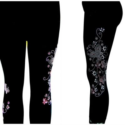 Plus One Size Capri Yoga Leggings Rhinestone Pink Butterfly Floral Design