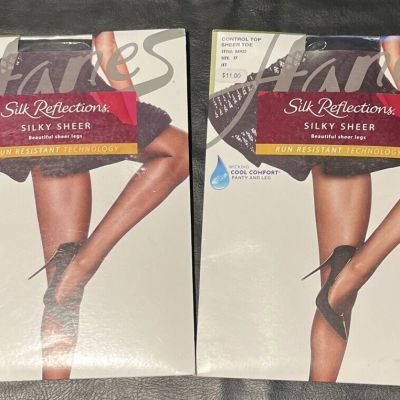 New. Silk Reflections. Control Top. Sheer Toe. Jet. Size EF. Pantyhose. 2 Pack.