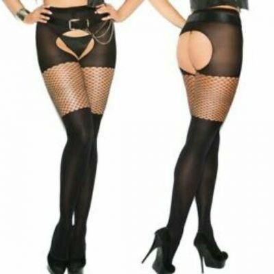 Opaque Crotchless Pantyhose w/Diamond Net Top! Plus & One Size Adult Woman