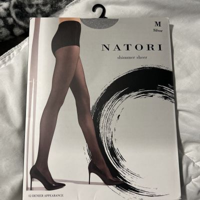 New Natori Shimmer Sheer Control Top Tights Silver, Size M