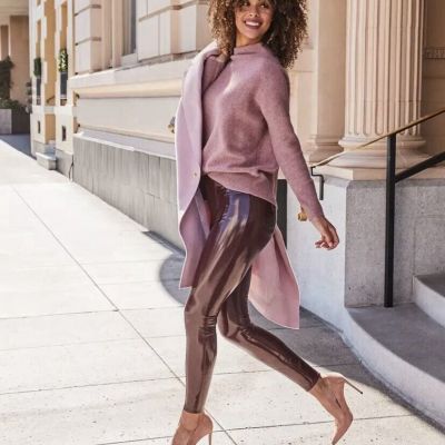 NWT SPANX Size Medium Ruby Burgundy  Faux Patent Leather High Waisted Leggings