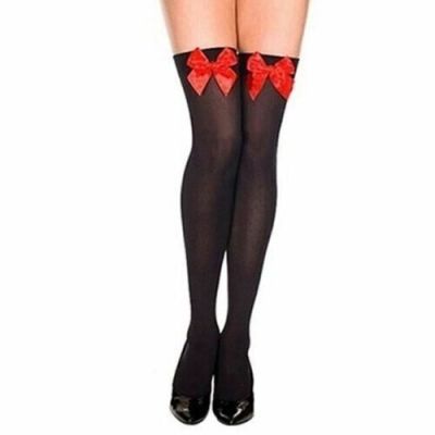 Wonderland Black with Red Bow Thigh Highs Stockings One Size
