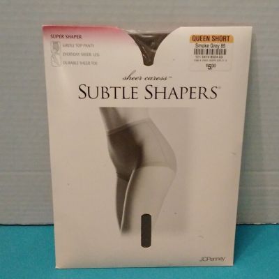 Sheer Caress Subtle Shaper Pantyhose Girdle Top JC Penney Queen Short Smoke Grey