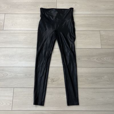 SPANX Black Faux Leather Shiny Leggings Pants Pull On Shape Wear Holiday Size L