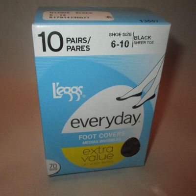 Sealed Box of 10 pair L'eggs Everyday Foot Covers Black, shoe size 6-10