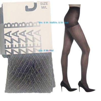 ZEZA B by HUE Ribbed Metallic Chevron Tights Black & Sliver with Control Top M/L