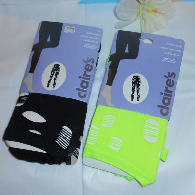 Claire's Two (2) Pairs Ripped Footless Tights Lime Green & Black M/LNWT