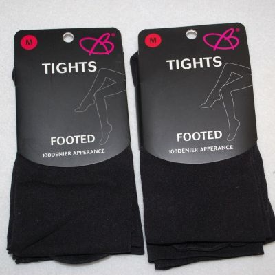 Womens 2 PAIR LOT Fashion Tights SOLID BLACK Footed M (5'0