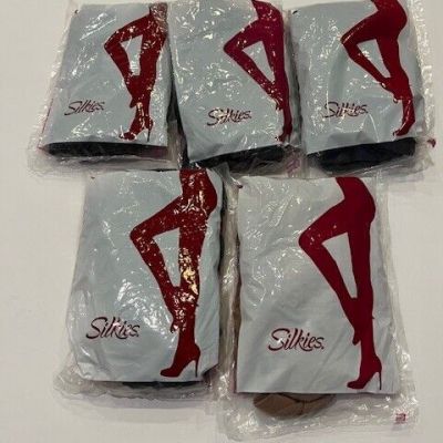 Silkies Control Top  Queen/XLarge FIVE Packages (4) Off Black and (1) Nude