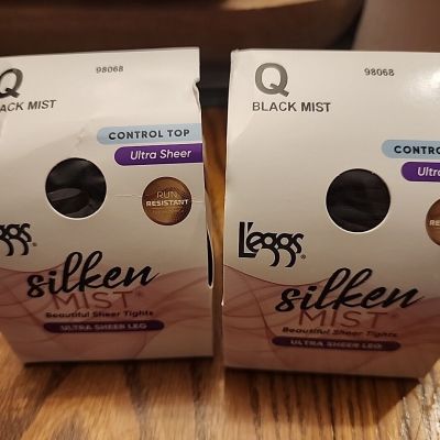 2 Leggs Silken Mist Ultra Sheer With Run Resist Technology Control Top BLK, Sz Q