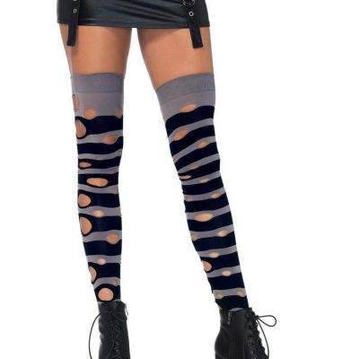 Womens Thigh High Distressed Stockings Striped Black/Grey Leg Avenue 6634