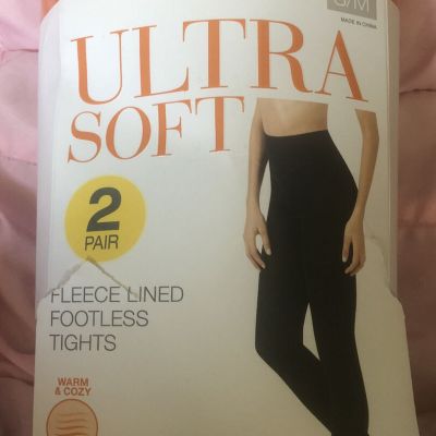 Warners Blissful Benefits Ultra Soft 2 PR Fleece Lined Footless Tights S/M Black
