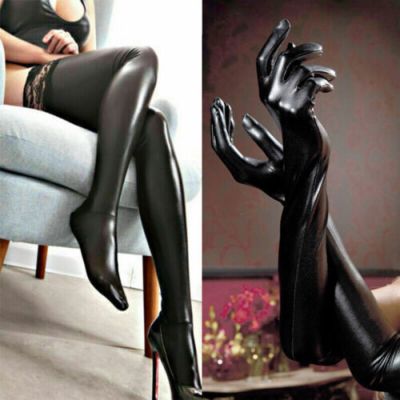 Wet Look Thigh-Highs Lace Long Stockings Sexy Patent Leather Gloves Women Club
