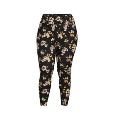 Terra and Sky Womens High Rise Fitted Black Flower Leggings Size 0X