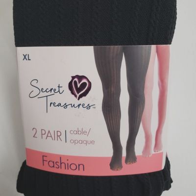 SECRET TREASURES Women's Fashion Tights 2 Prs XL Cable Black/Opaque Pink NEW *AK