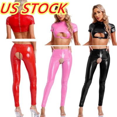 US Womens Wetlook Crop Top Hot Pants Patent Leather Cutout Lingerie Clubwear