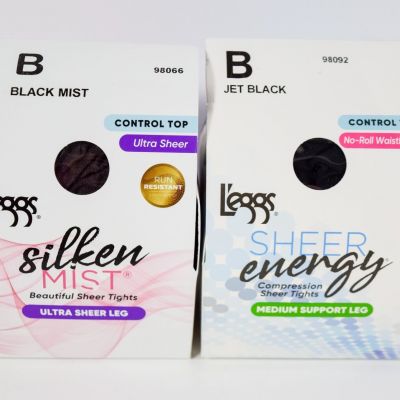 2 L'eggs Silken Mist Control Top Sheer BLACK MIST/Sheer Energy JET BLACK Tight B