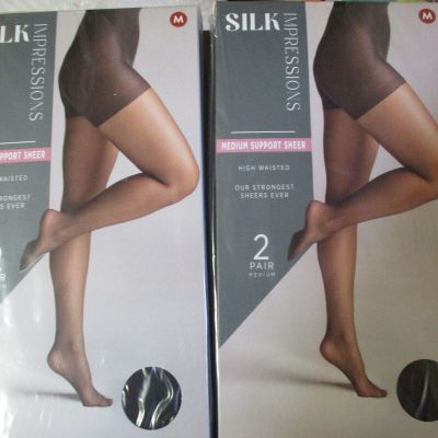 4 Pair BLACK MEDIUM M Silk Impressions Pantyhose MEDIUM SUPPORT SHEER LB14
