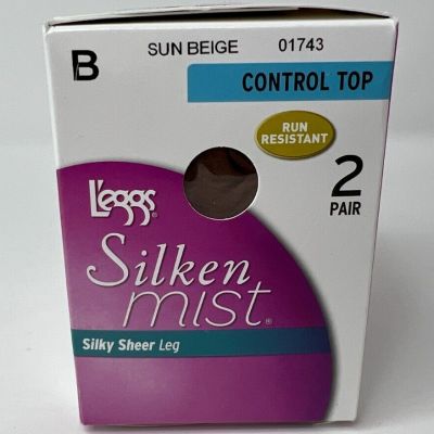 L'eggs Silken Mist 2 Pair Pantyhose Control Top Run Resistant Sun Beige Size B
