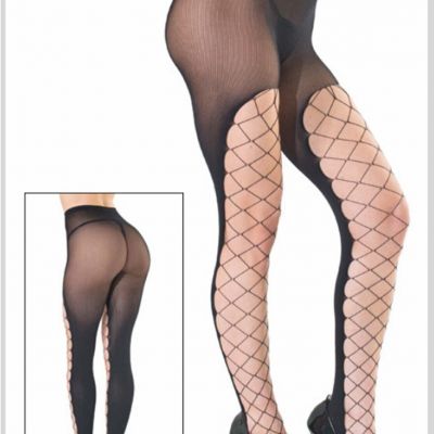 Womens Diamond Net Front Pantyhose with Opaque Back Panel Tights Black One Size