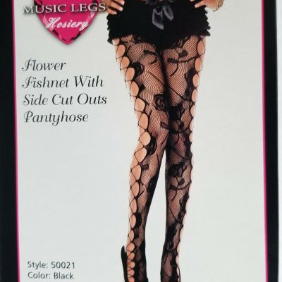 Flower Fishnet Pantyhose with Side Cut Outs - Black - Music Legs Style 50021