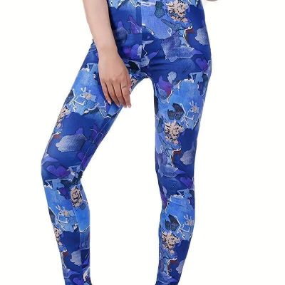 Fashion Women Blue Floral Print High Waist Slim Fit Stretch Sports Leggings New