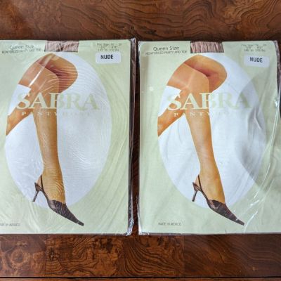 2 Pairs Of Sabra Queen Size Pantyhose In Nude  1X - 2X  Up To  6'  & 210 Lbs.