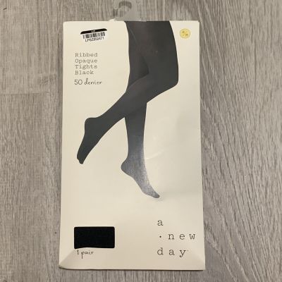 A New Day Tights sz S/M Black Ribbed Opaque 50 Denier One Pair Career Casual New