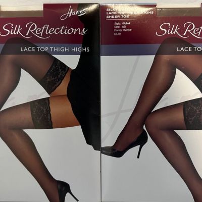 2 Hanes Silk Reflections SILKY SHEER OA444 AB Barely There Lace Top Thigh Highs