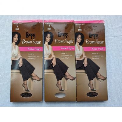 3 Lot L'eggs Brown Sugar Sandal foot Knee Highs One Size Coffee Nylons NEW