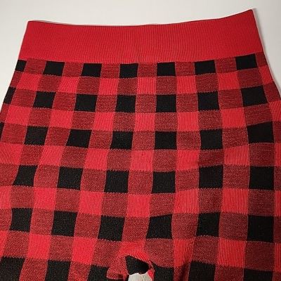 Red and Black Checkered Winter Warm Fleece Tights Thermal Lined, Womens M/L