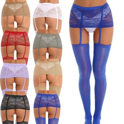 Women See Through Lace Mini Skirt with Garter Belt Stockings Nightwear Pantyhose