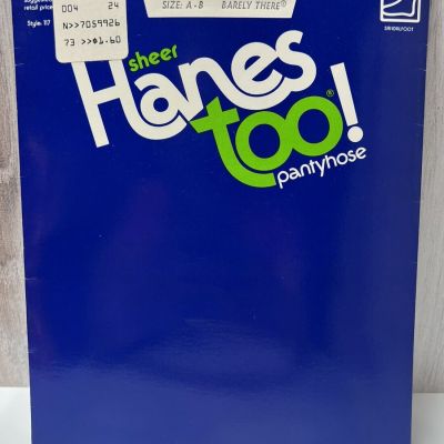 Vintage Sheet Hanes Too! Pantyhose Barely There Size A-B Dated 1982