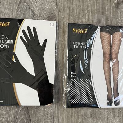 Spirit Halloween Black Fishnet Stockings Size SM/MED W/Long Black Satin Gloves