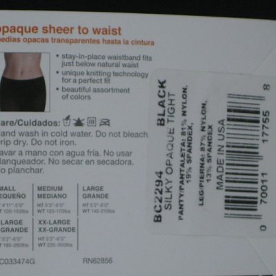 No Nonsense Opaque Black Tights - Sheer to Waist size S  3 Pair  NEW  BC2294