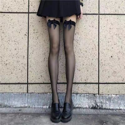 Women's Sheer Thigh High Stockings Over Knee Socks Lace Top Satin Bow Black