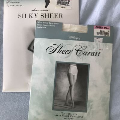 Sheer Caress Silky Sheer Pantyhose Queen Tall Bone/Smoke GrayJCPenney 2 Pair NIP
