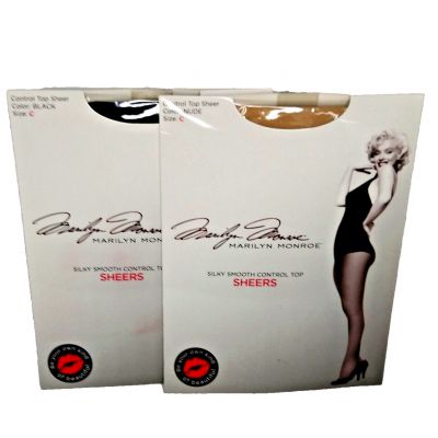 Marilyn Monroe Pantyhose Silky Smooth Control Top Hose Sheer Black Nude Lot of 2