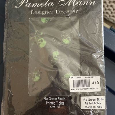 Womens Pamela Mann Designer Leg wear FloGreen Skulls Printed Tights 2x Halloween