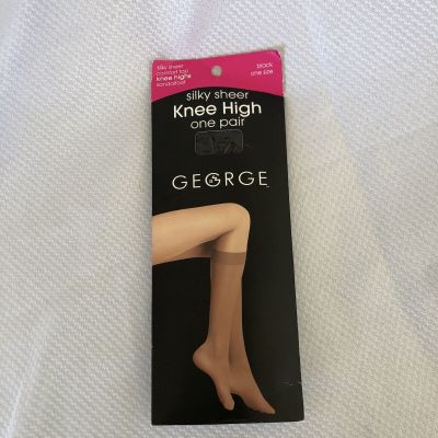 George Silky Sheer Knee High One Size Comfort Top Sandalfoot Black Vintage 2003