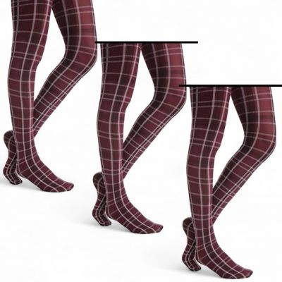 NEW HUE Opaque Tights Non-Control Top U4689 Burgundy Plaid 3 Pairs Size 3