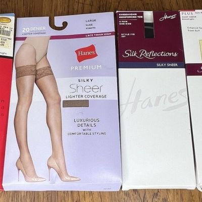 New 6 Pair Lot Knee & Thigh High Pantyhose Black & Nude Hanes & Talbots OSFM & L
