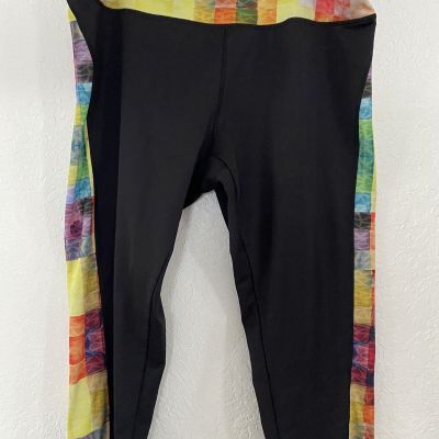 LulaRoe Capri Leggings Black with Colorful Batik Style Sides, Size XL