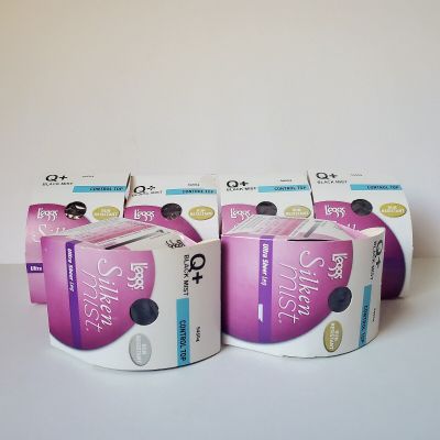 Lot 6 L'eggs Pantyhose Size Q+ Silken Mist Ultra Sheer Black Mist Run Resistant