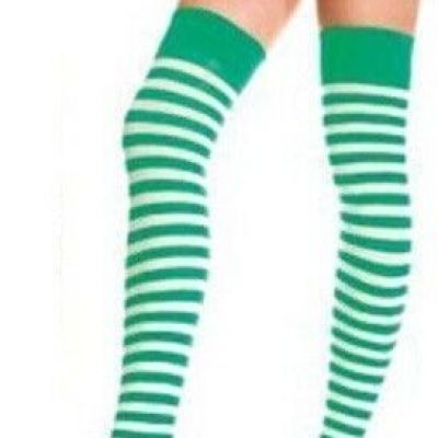 Music Legs 4741 Green-White Opaque Striped Thigh-High Stockings #3751