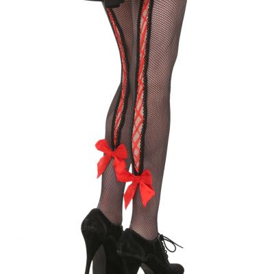 HARDCORE RED LACE UP CORSET  BACK FISHNET PANTYHOSE TIGHTS RED SATIN BOW